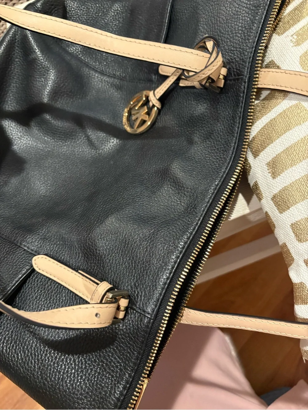 Michael Kors Black Leather Tote with Tan Straps and Gold MK Charm